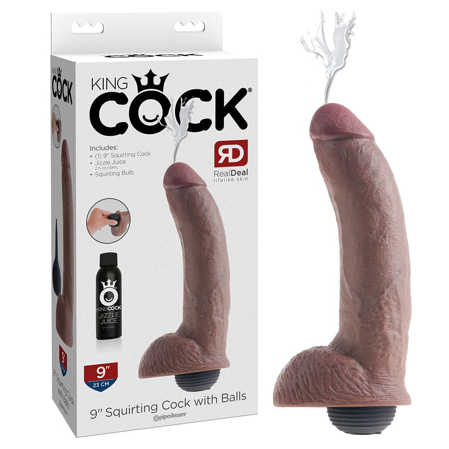 King Cock 9 Inch Squirting Realistic Dildo with Balls (Tan/White) Dildos Dark Skin