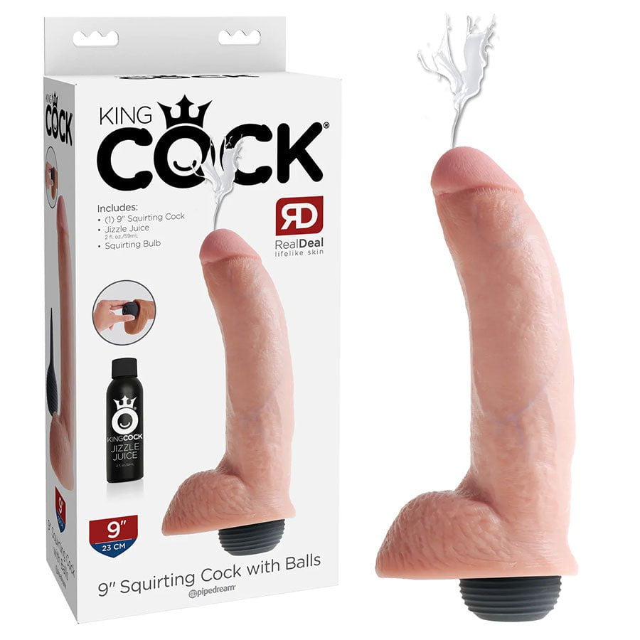 King Cock 9 Inch Squirting Realistic Dildo with Balls (Tan/White) Dildos Light Skin
