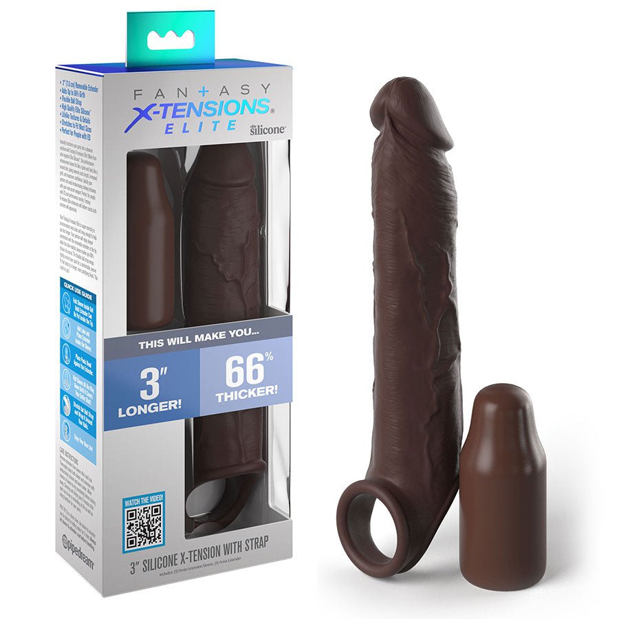 9 Inch Realistic X-Tension Silicone Penis Sleeve &amp; Ball Strap Brown Cock Sheaths