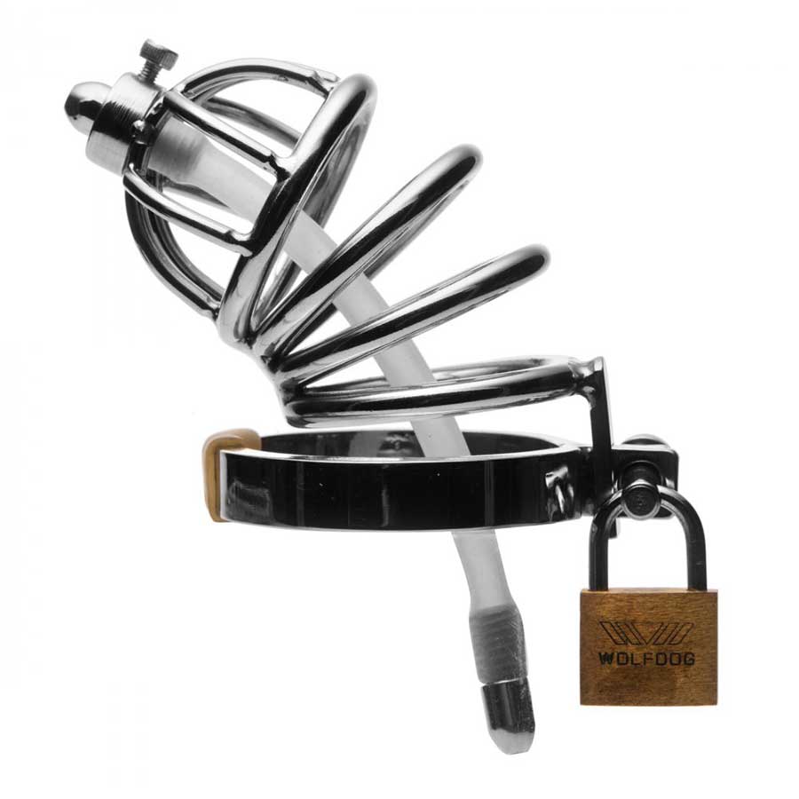Stainless Steel Chastity Cage with Silicone Urethral Plug Chastity