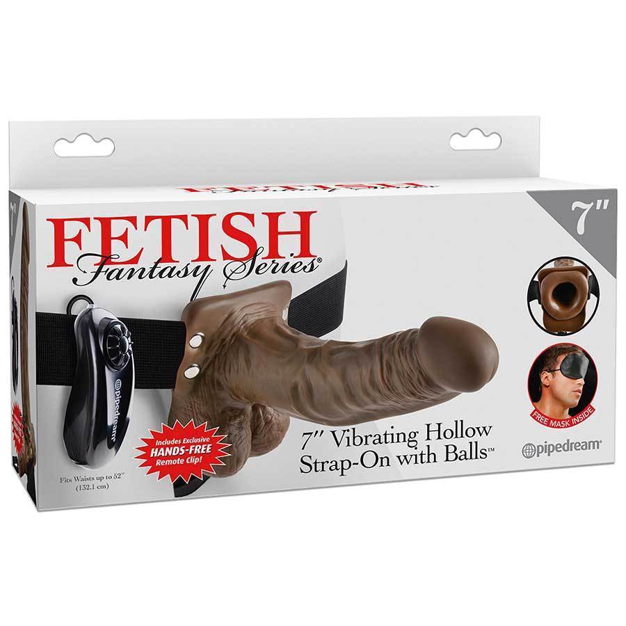 Vibrating 7 Inch Brown Hollow Strap-On Penis Extension with Balls Cock Sheaths