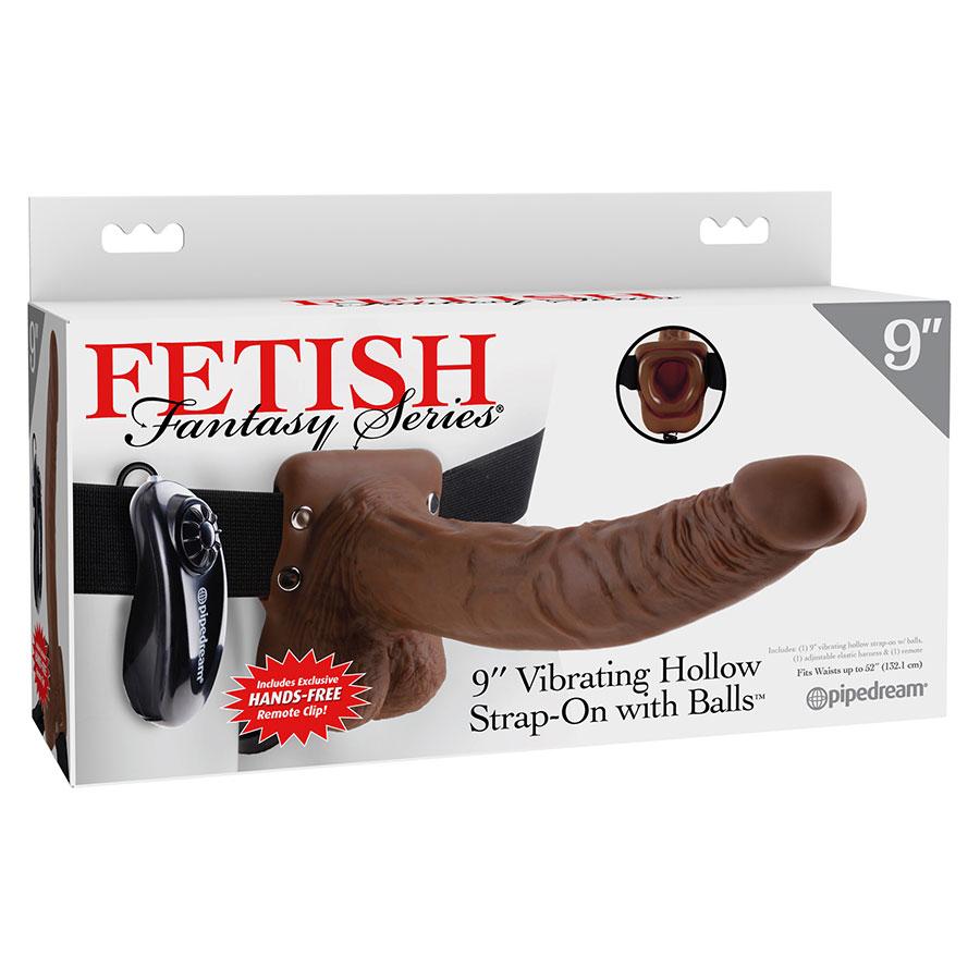 Vibrating 9 Inch Brown Hollow Strap-On Penis Extension with Balls Cock Sheaths