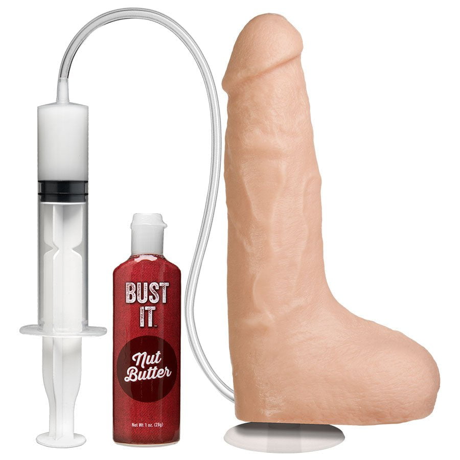 Bust It 8.5 Inch Realistic Squirting Dildo with Balls (White/Black) Dildos White