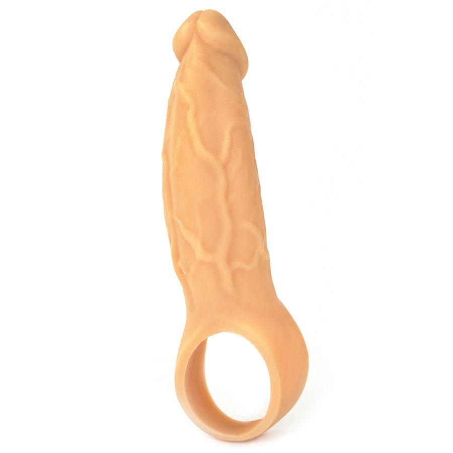 9 Inch Realistic Performance Penis Sleeve Natural Silicone Girth Enhancer Cock Sheaths Light Tan