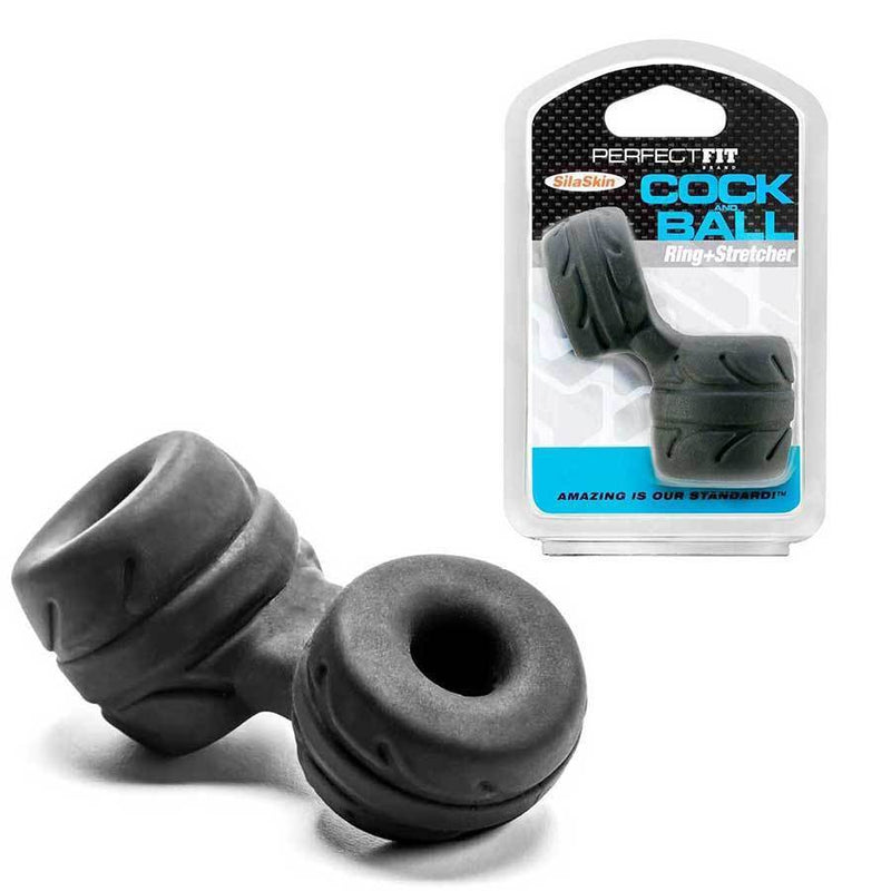 Cock Ring & Ball Stretcher Black Penis Enhancer by Perfect Fit Brand Cock Rings