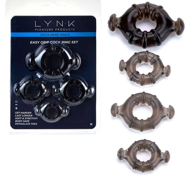 Easy Grip Cock Ring Set with Pull Tabs, Smoke by Lynk Pleasure Cock Rings