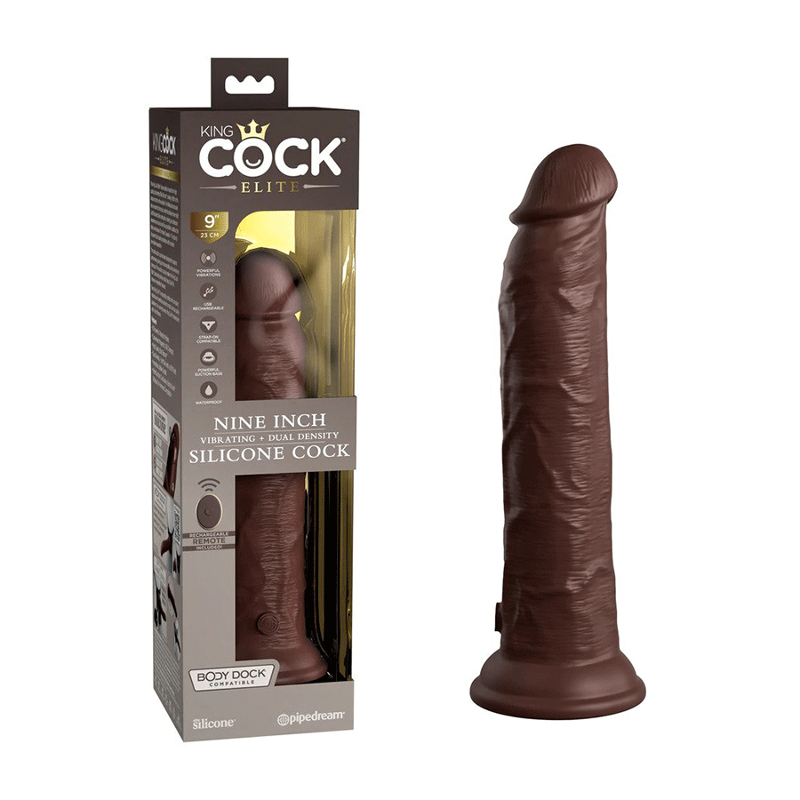 King Cock Elite 9 Inch Dual Density Vibrating Silicone Dildo with Remote Dildos Dark Skin