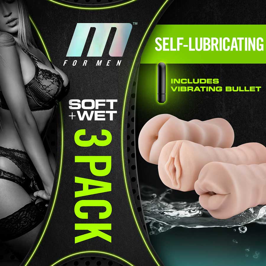 M for Men 3-Pack Self-Lubricating Vibrating Stroker Sleeve Kit Masturbators