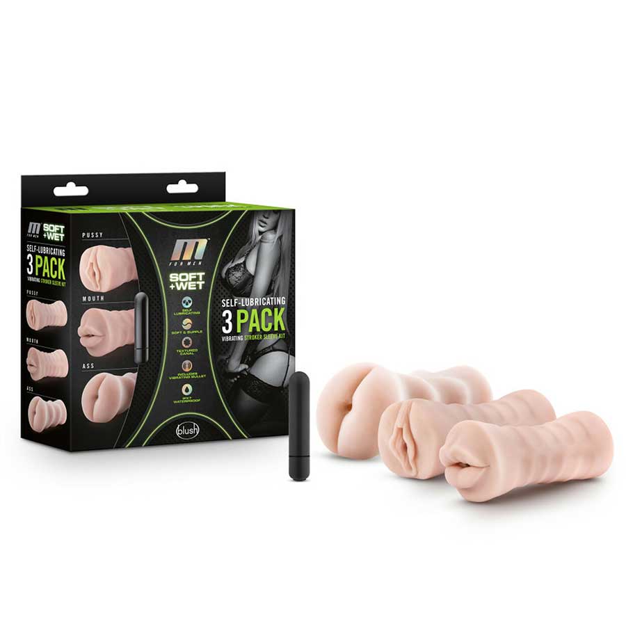 M for Men 3-Pack Self-Lubricating Vibrating Stroker Sleeve Kit Masturbators