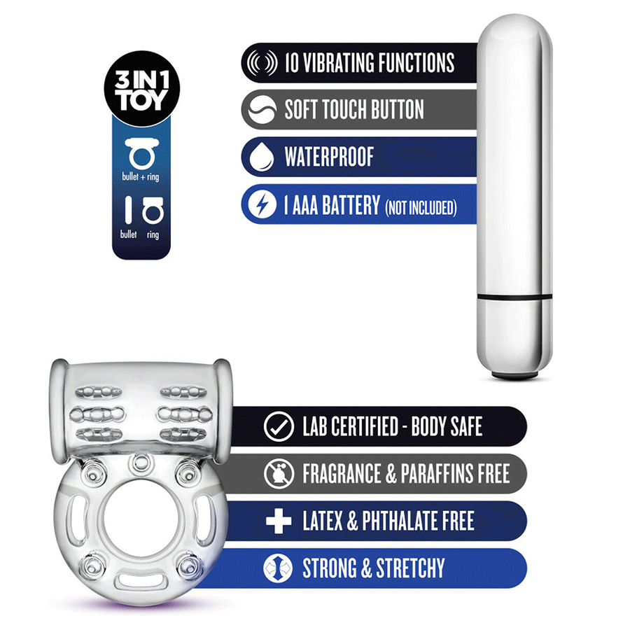 Stay Hard 10 Function Clear Vibrating Bull Cock Ring by Blush Novelties Cock Rings