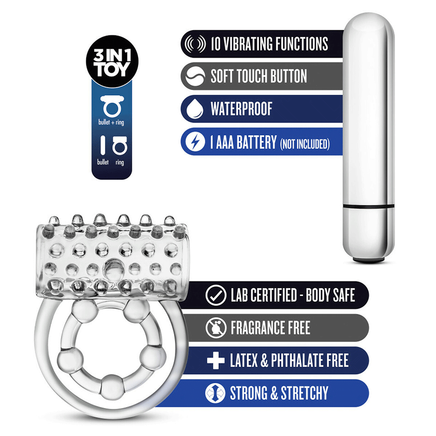 Stay Hard Vibrating Super Clitifier Clear Cock Ring With Bullet by Blush Novelties Cock Rings