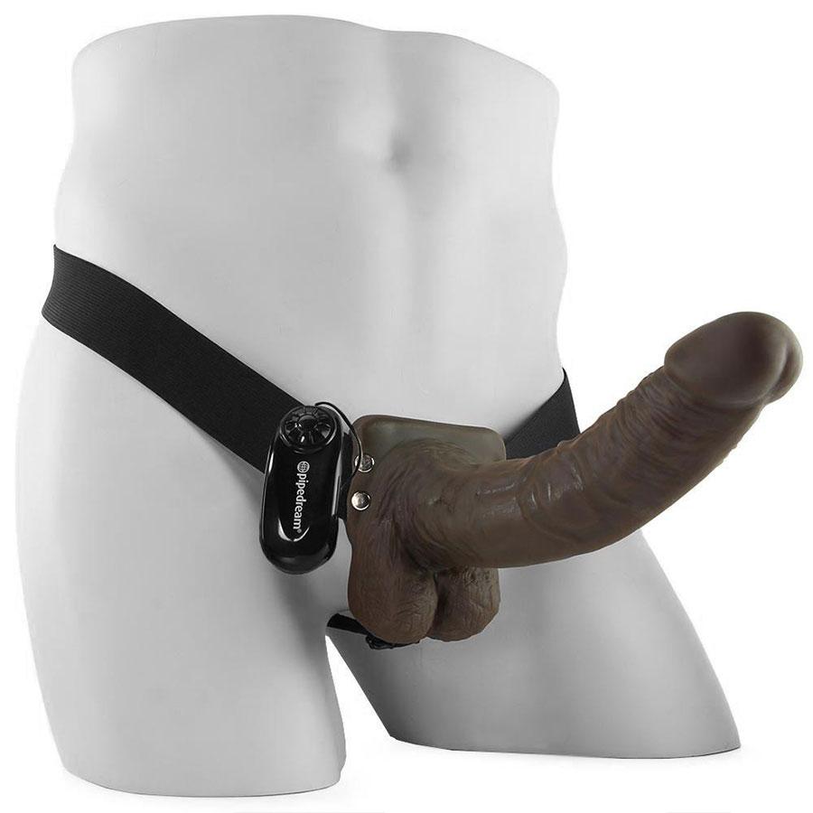 Vibrating 9 Inch Brown Hollow Strap-On Penis Extension with Balls Cock Sheaths