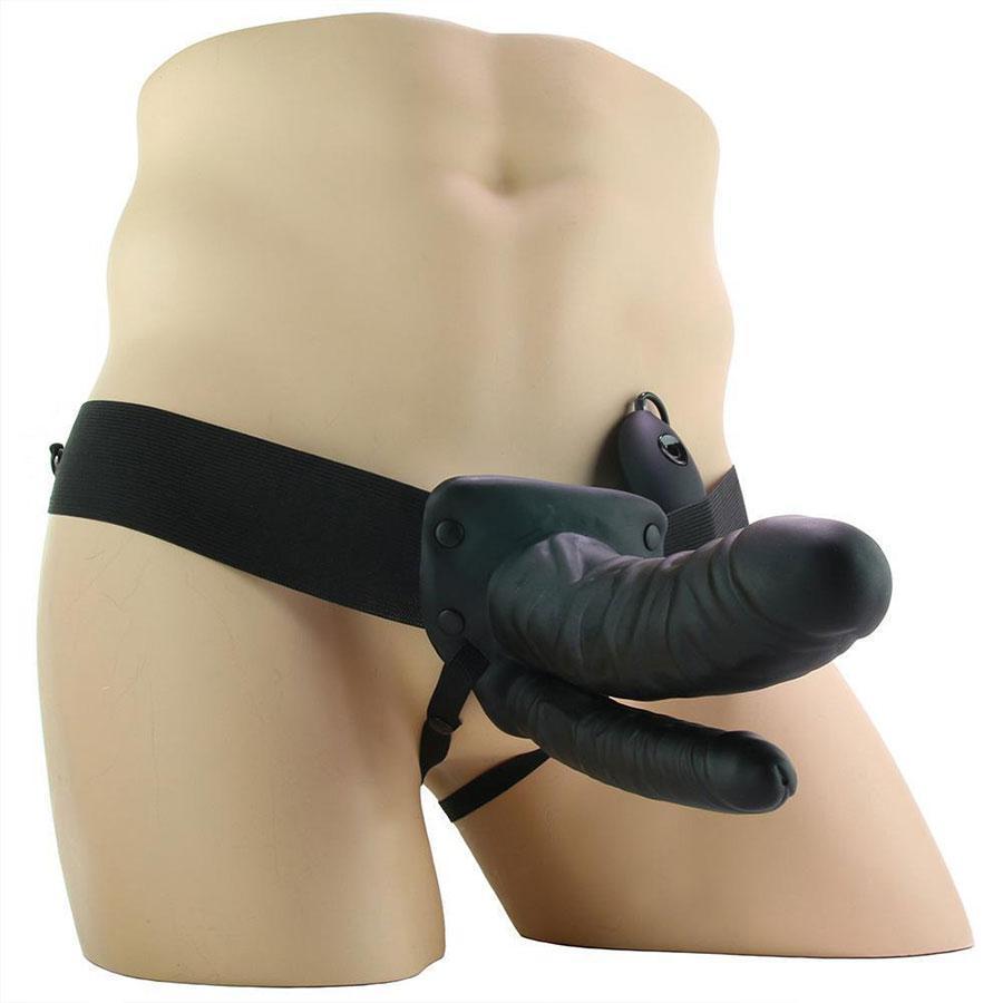 Vibrating Double Penetration Hollow Black Strap On for Men by Lux Cock Sheaths