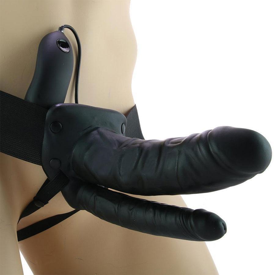 Vibrating Double Penetration Hollow Black Strap On for Men by Lux Cock Sheaths
